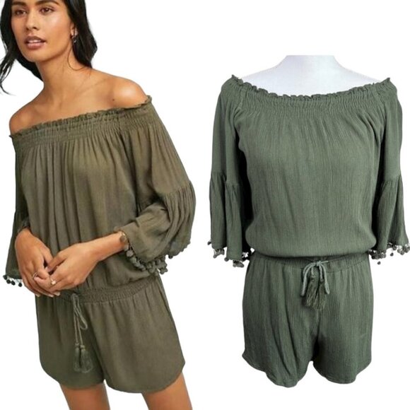 RAGA Romper Off The Shoulder Bell Sleeve Tassels Green Viscose Women's Size M - Picture 1 of 11